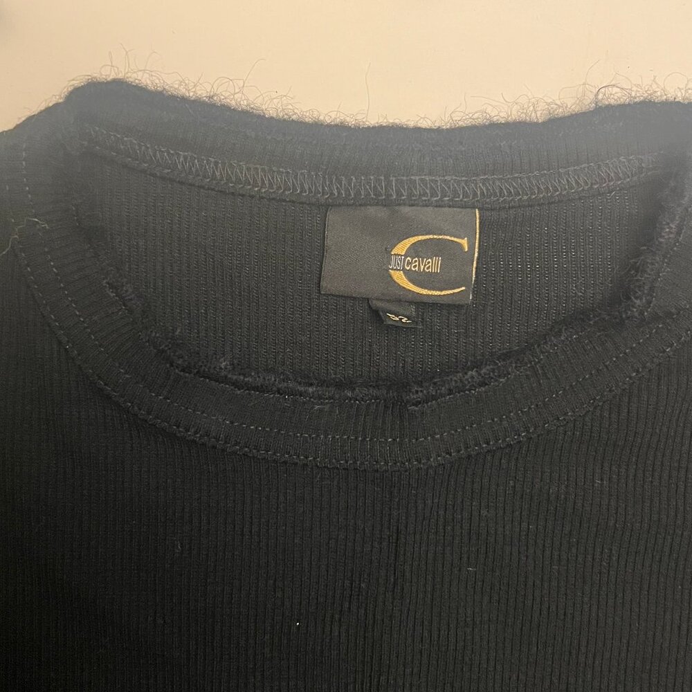 JUST CAVALLI Black Ribbed Long Sleeve Knit Top - Size S/M